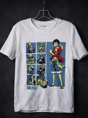 One Piece Graphic Tee - White with Red & Blue Print